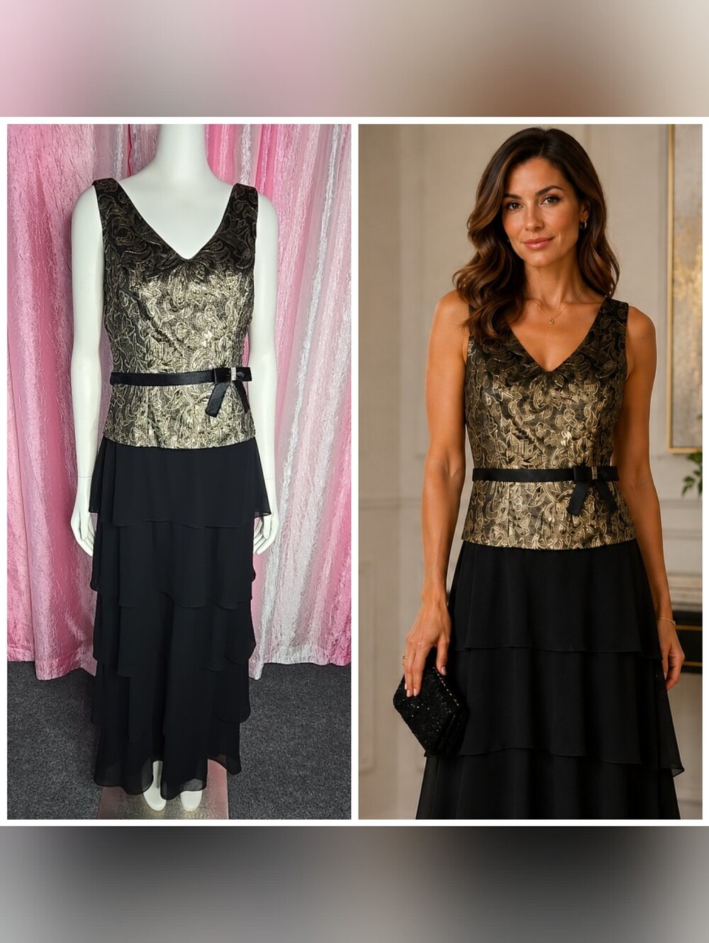 Patra Black Tiered Gold Brocade Top Rhinestone Detail Cocktail Dress DrSize 10